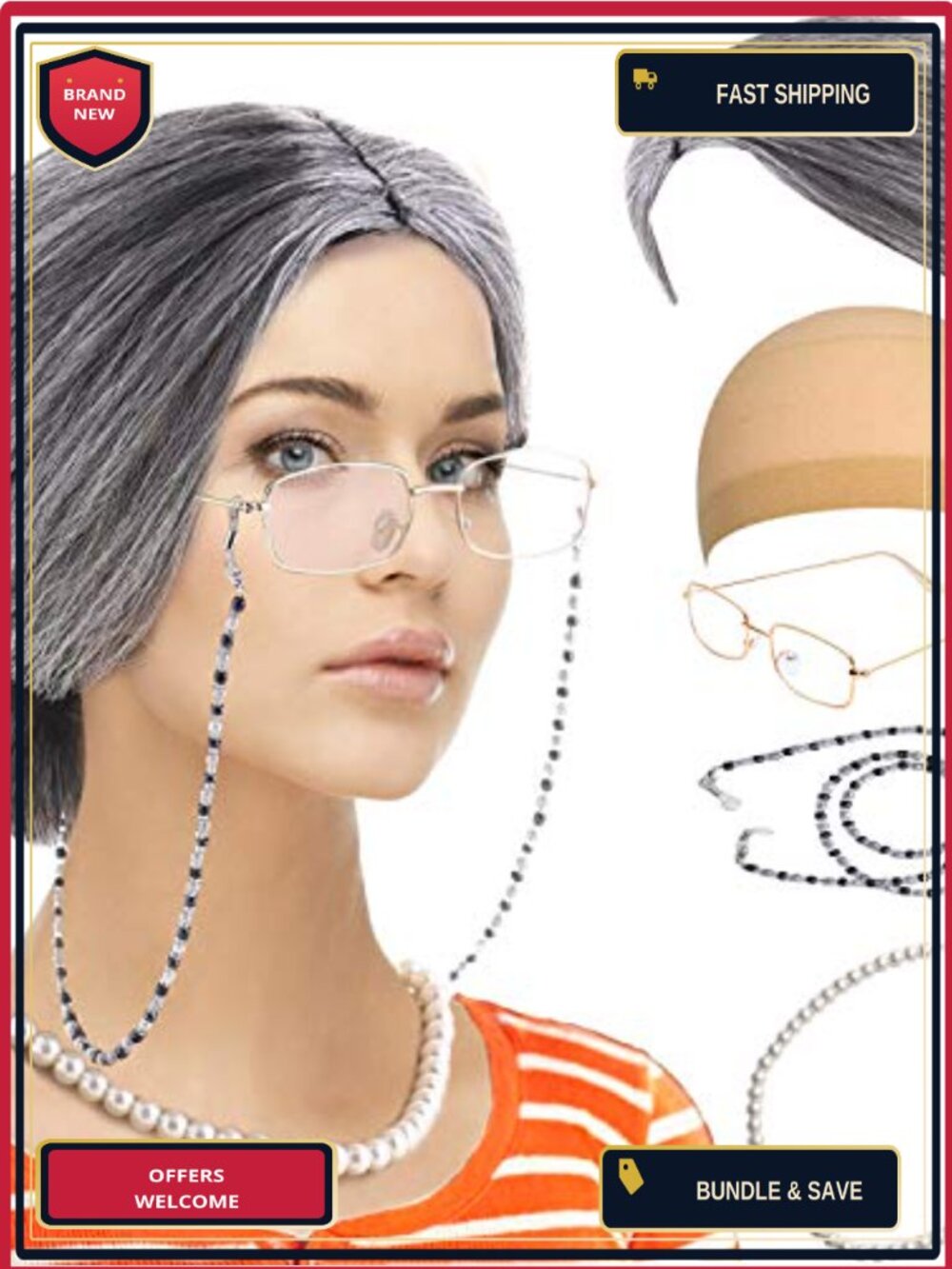 Old Lady Granny Costume Set Synthetic Wig Glasses Necklace